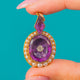 RARE 18ct Gold Custom Cut Amethyst Diamond Pearl Pendant, Amethyst with central Diamond and Pearl border