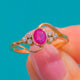 18ct Gold Ruby Diamond Trefoil Shoulders Twist Design Ring